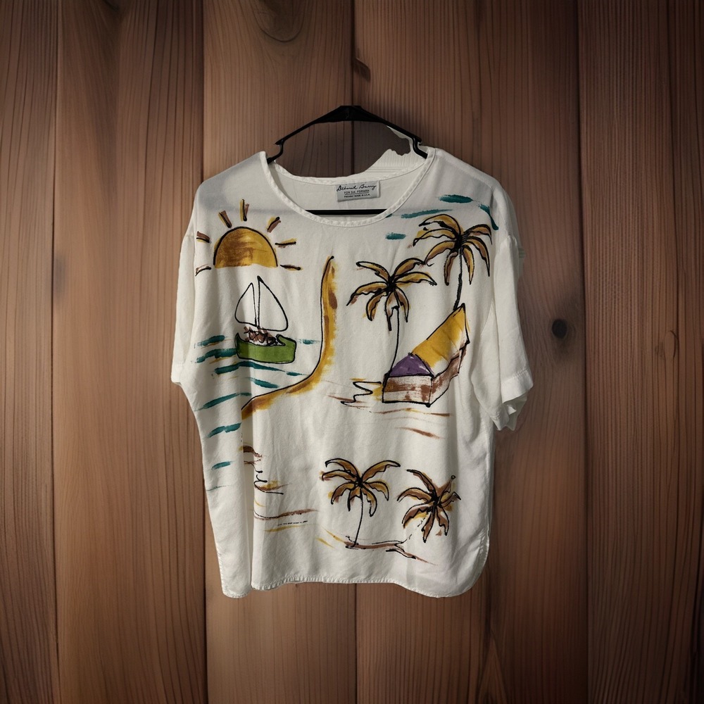 Vtg Deborah Barry Top Women Medium Artsy Blouse Beach resortwear summer